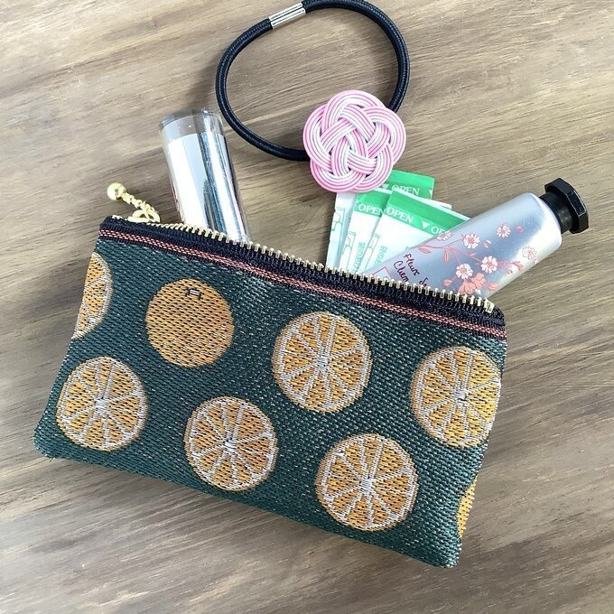 【みかん】畳縁 ぺたんこ ミニポーチ 小銭入れ カードケース 柑橘 オレンジ シトラス 深緑