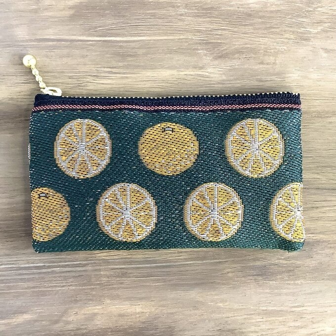 【みかん】畳縁 ぺたんこ ミニポーチ 小銭入れ カードケース 柑橘 オレンジ シトラス 深緑