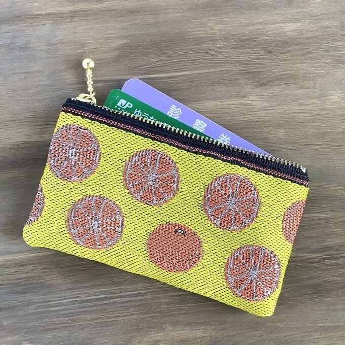 【みかん】畳縁 ぺたんこ ミニポーチ 小銭入れ カードケース 柑橘 オレンジ シトラス 黄色