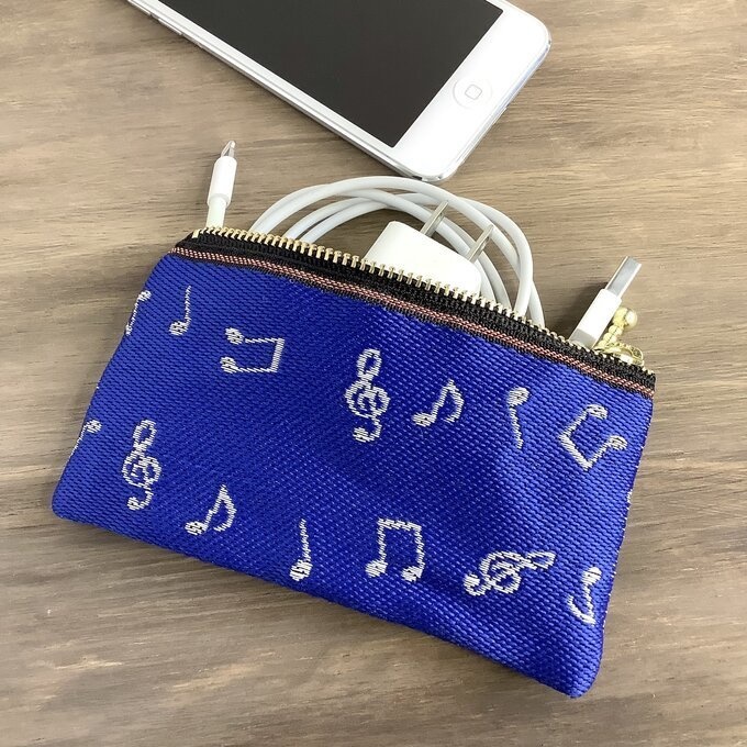 【音符】畳縁 ぺたんこ ミニポーチ カードケース 小銭入れ 青 白 音楽 楽譜