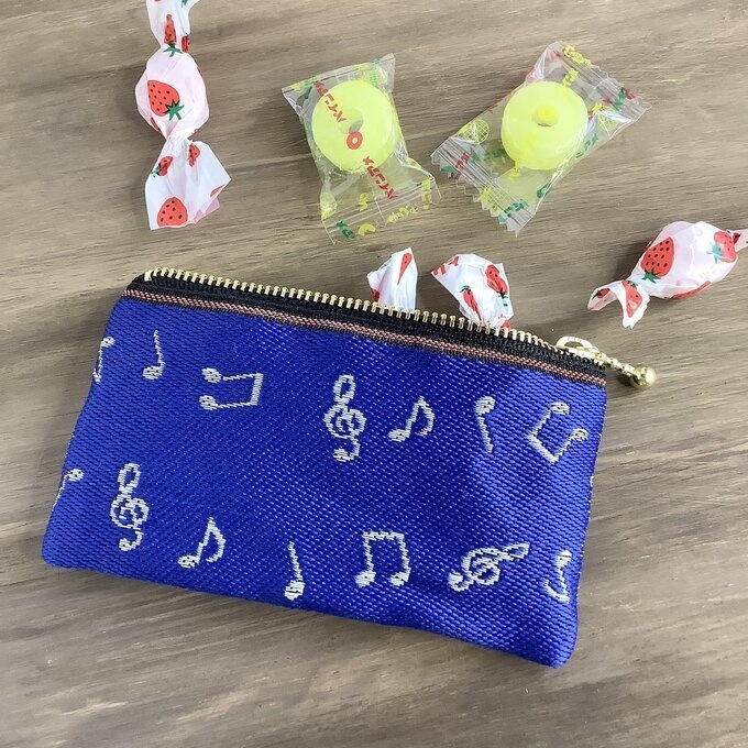 【音符】畳縁 ぺたんこ ミニポーチ カードケース 小銭入れ 青 白 音楽 楽譜