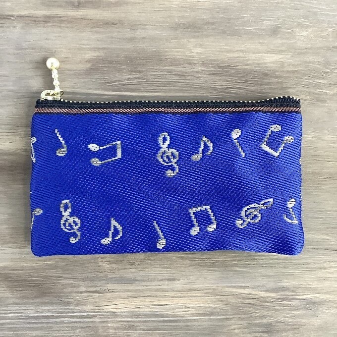 【音符】畳縁 ぺたんこ ミニポーチ カードケース 小銭入れ 青 白 音楽 楽譜