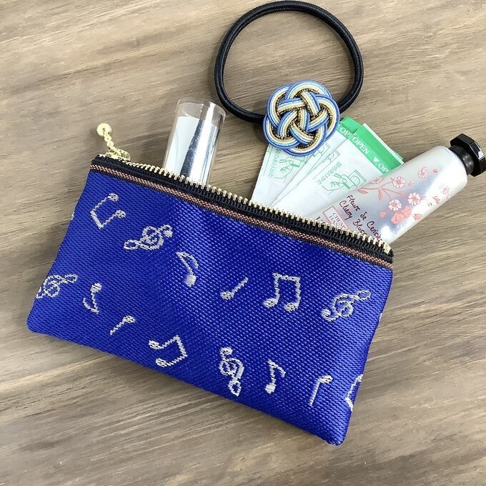 【音符】畳縁 ぺたんこ ミニポーチ カードケース 小銭入れ 青 白 音楽 楽譜