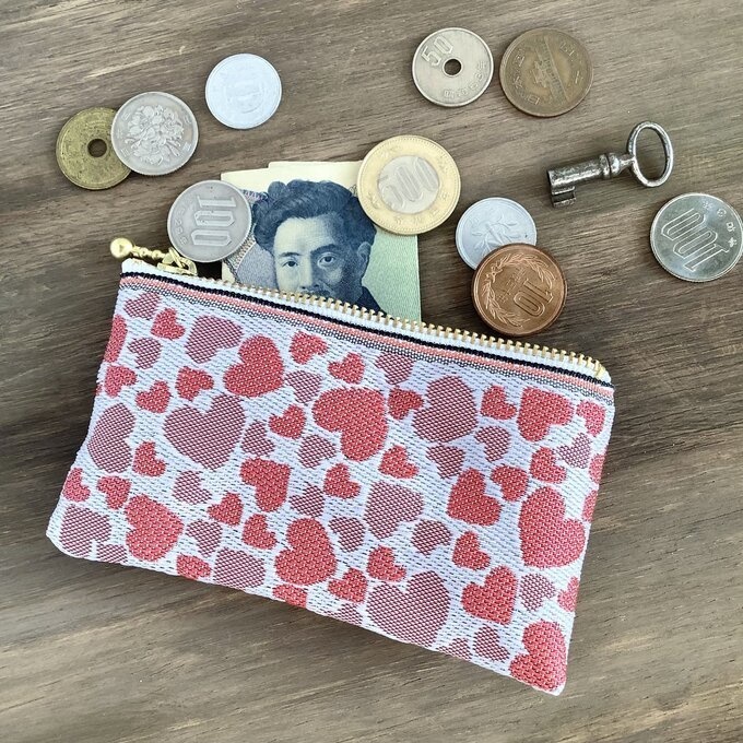 【ハート柄】畳縁 ぺたんこ 小銭入れ ミニポーチ 白 ラブリー カードケース