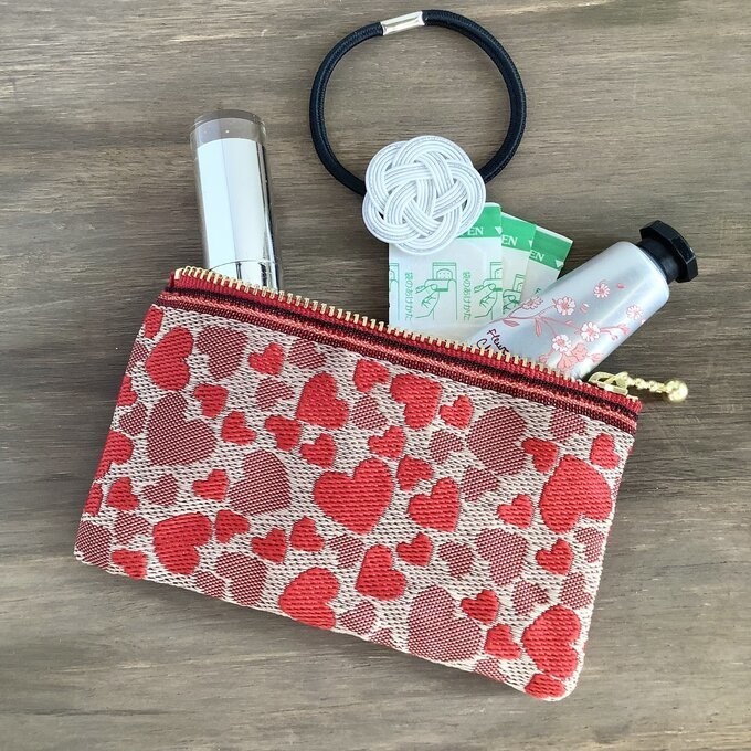 【ハート柄】畳縁 ぺたんこ 小銭入れ ミニポーチ ベージュ ラブリー カードケース