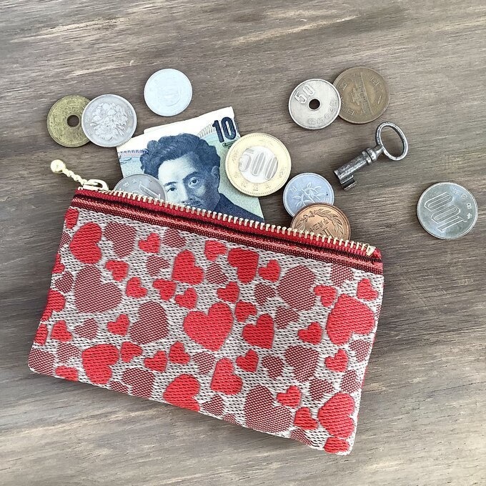 【ハート柄】畳縁 ぺたんこ 小銭入れ ミニポーチ ベージュ ラブリー カードケース