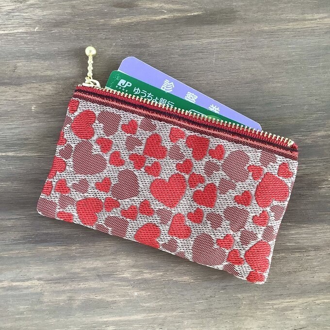 【ハート柄】畳縁 ぺたんこ 小銭入れ ミニポーチ ベージュ ラブリー カードケース