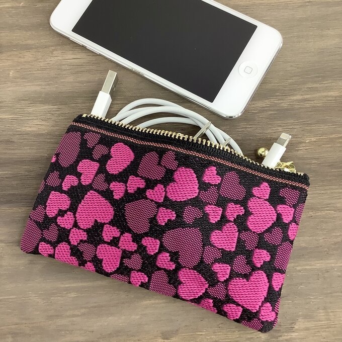 【ブラック&ベリー ハート柄】畳縁 ぺたんこ ミニポーチ 小銭入れ カードケース 黒 ピンク ラブリー