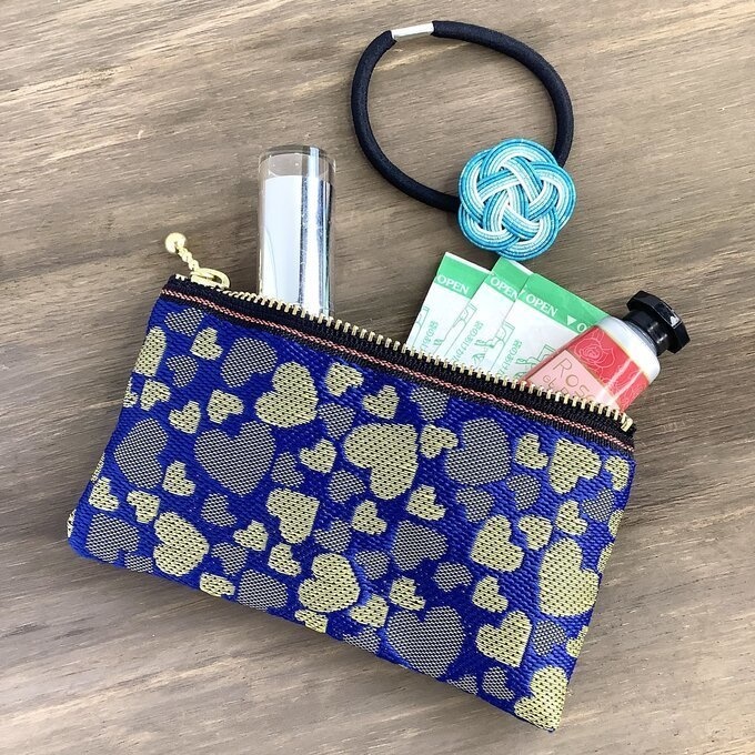 【ラピス&ゴールド ハート柄】畳縁 ぺたんこ ミニポーチ 小銭入れ カードケース ブルー 金 クール