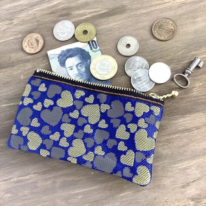 【ラピス&ゴールド ハート柄】畳縁 ぺたんこ ミニポーチ 小銭入れ カードケース ブルー 金 クール