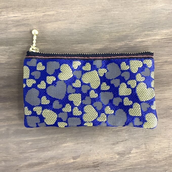 【ラピス&ゴールド ハート柄】畳縁 ぺたんこ ミニポーチ 小銭入れ カードケース ブルー 金 クール