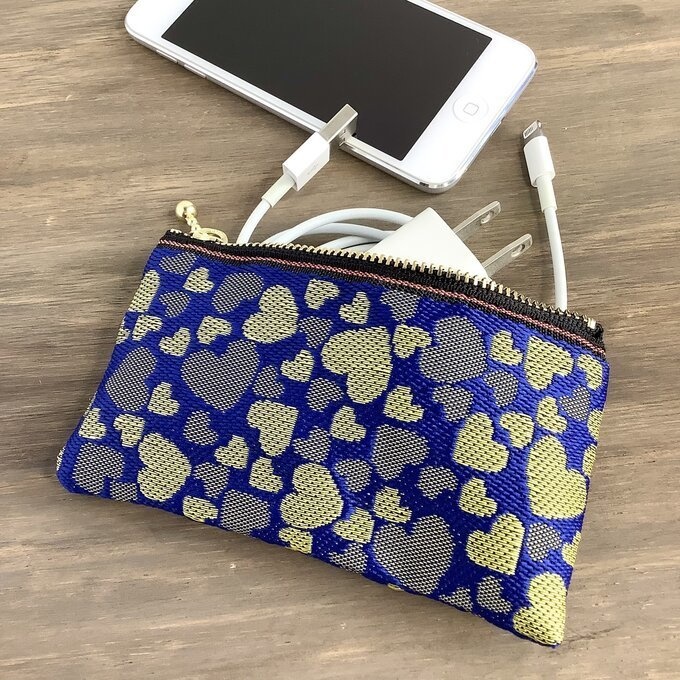 【ラピス&ゴールド ハート柄】畳縁 ぺたんこ ミニポーチ 小銭入れ カードケース ブルー 金 クール