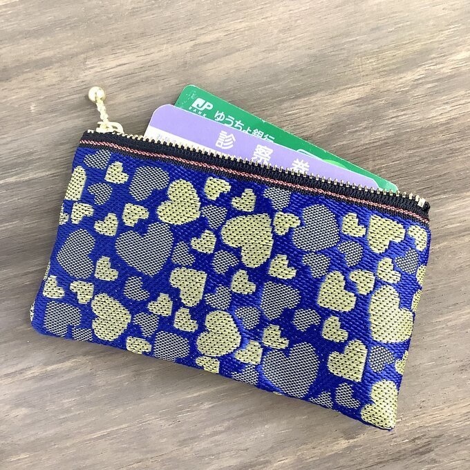【ラピス&ゴールド ハート柄】畳縁 ぺたんこ ミニポーチ 小銭入れ カードケース ブルー 金 クール