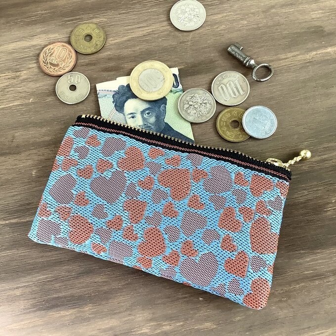 【アプリコット&ブルー ハート柄】畳縁 ぺたんこ ミニポーチ 小銭入れ カードケース 水色 オレンジ バレンタイン