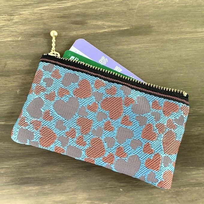 【アプリコット&ブルー ハート柄】畳縁 ぺたんこ ミニポーチ 小銭入れ カードケース 水色 オレンジ バレンタイン
