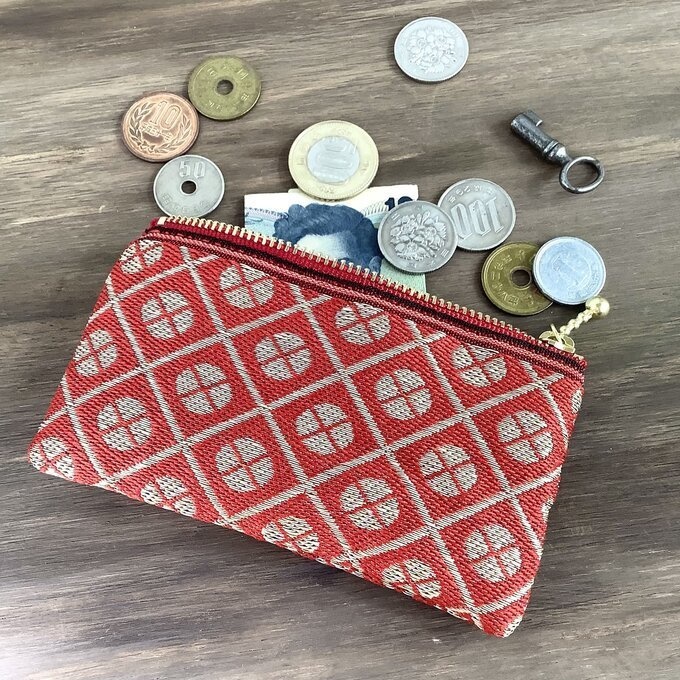 【ネジ】畳縁 ぺたんこ ミニポーチ 小銭入れ カードケース 小紋 和風 赤 金