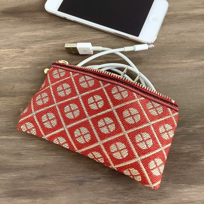 【ネジ】畳縁 ぺたんこ ミニポーチ 小銭入れ カードケース 小紋 和風 赤 金