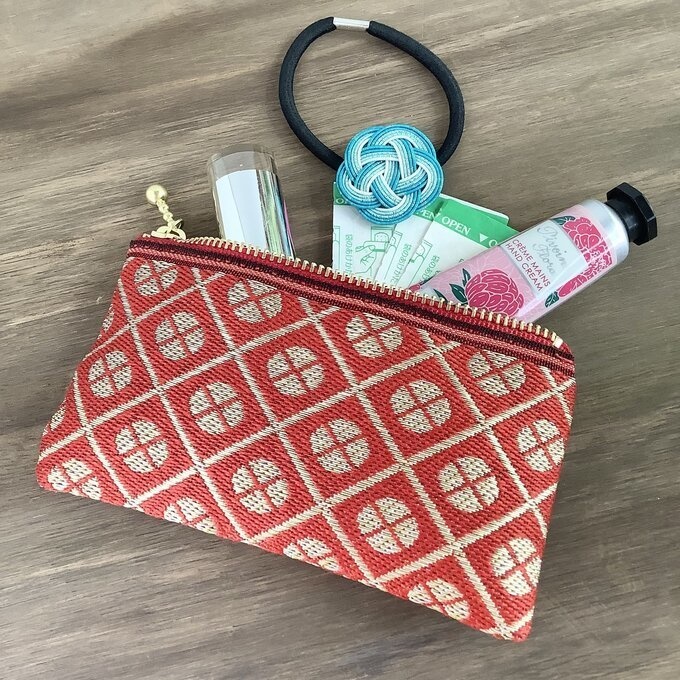【ネジ】畳縁 ぺたんこ ミニポーチ 小銭入れ カードケース 小紋 和風 赤 金