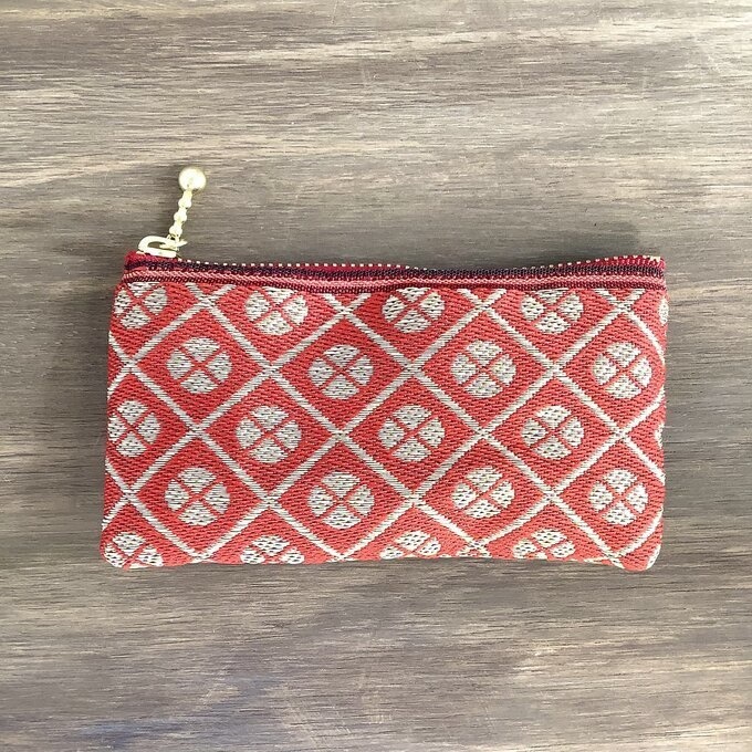 【ネジ】畳縁 ぺたんこ ミニポーチ 小銭入れ カードケース 小紋 和風 赤 金