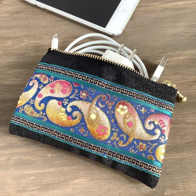 【キラキラ ペイズリー】畳縁&刺繍リボン ぺたんこ ミニポーチ 小銭入れ カードケース オリエンタル