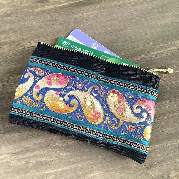 【キラキラ ペイズリー】畳縁&刺繍リボン ぺたんこ ミニポーチ 小銭入れ カードケース オリエンタル