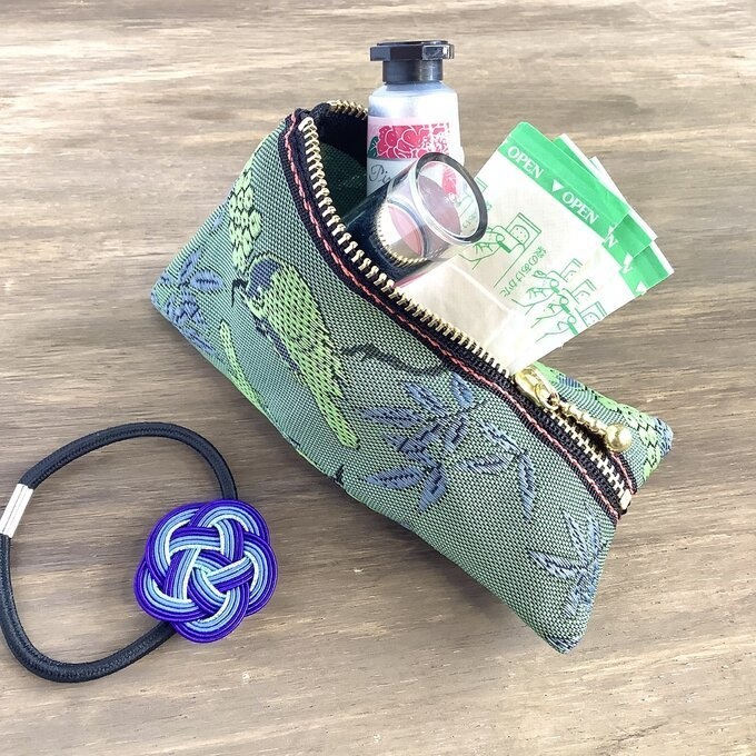 【比翼連理②】畳縁 テトラ型 ミニポーチ 小銭入れ 深緑 紫 幽玄 鳥 木の実 夫婦円満