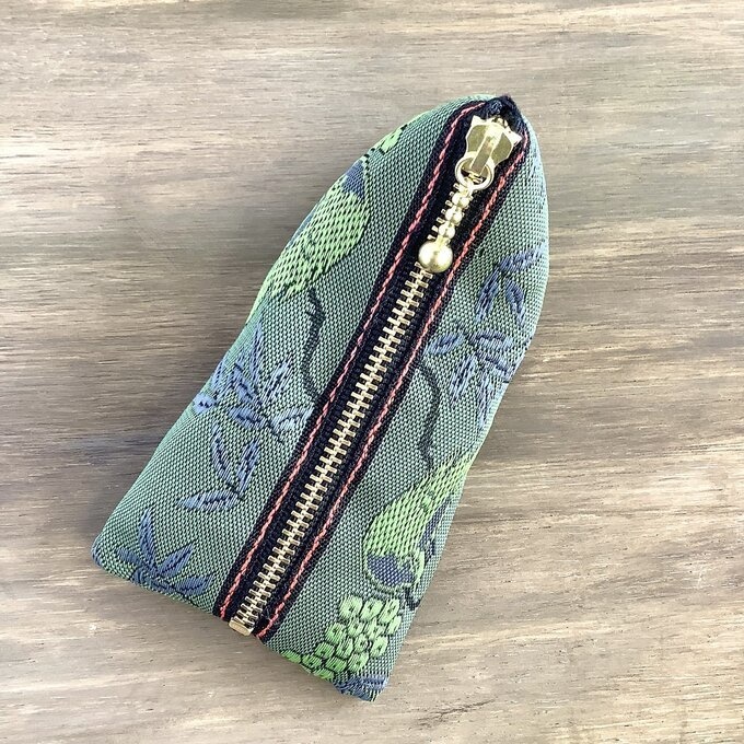 【比翼連理②】畳縁 テトラ型 ミニポーチ 小銭入れ 深緑 紫 幽玄 鳥 木の実 夫婦円満