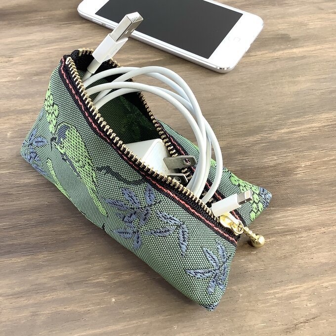 【比翼連理②】畳縁 テトラ型 ミニポーチ 小銭入れ 深緑 紫 幽玄 鳥 木の実 夫婦円満