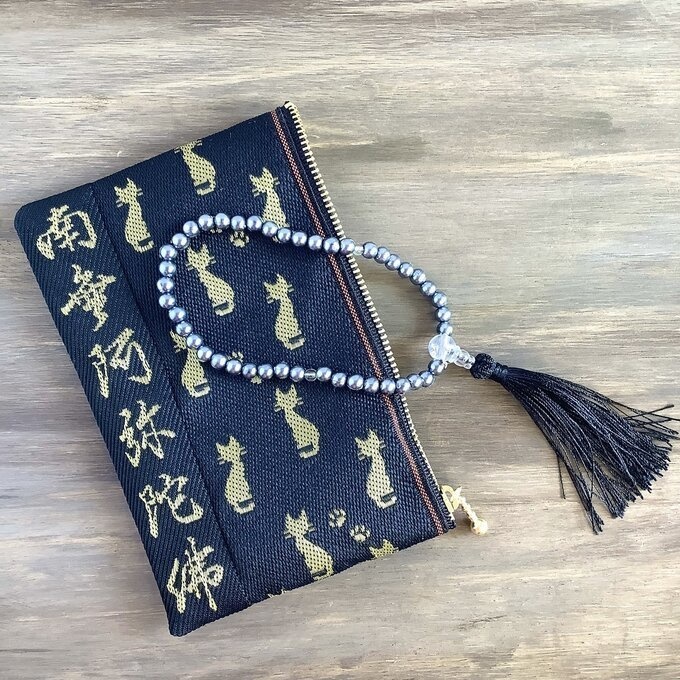 【南無阿弥陀仏】畳縁 数珠入れ ぺたんこペンケース 和風 猫