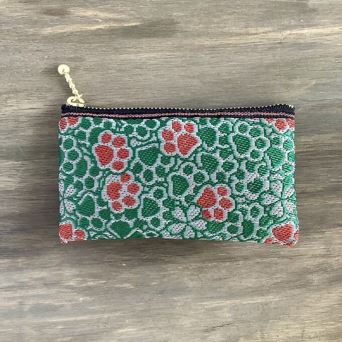 【肉球と桜】畳縁 ぺたんこ ミニポーチ 小銭入れ カードケース 和風 赤 緑 足あと 犬 猫