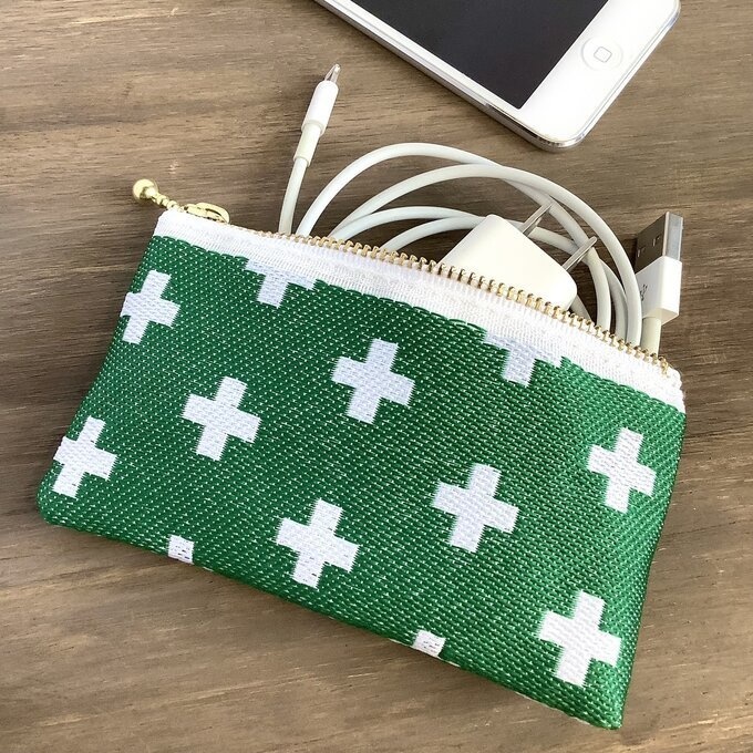 【クロス柄】畳縁 ぺたんこ ミニポーチ 小銭入れ カードケース 緑 北欧 プラス柄