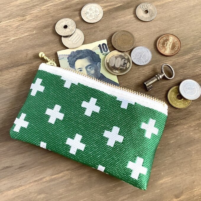 【クロス柄】畳縁 ぺたんこ ミニポーチ 小銭入れ カードケース 緑 北欧 プラス柄