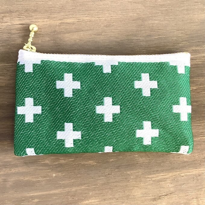 【クロス柄】畳縁 ぺたんこ ミニポーチ 小銭入れ カードケース 緑 北欧 プラス柄
