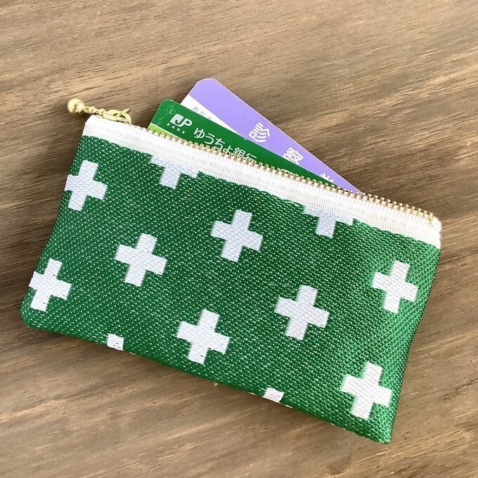 【クロス柄】畳縁 ぺたんこ ミニポーチ 小銭入れ カードケース 緑 北欧 プラス柄