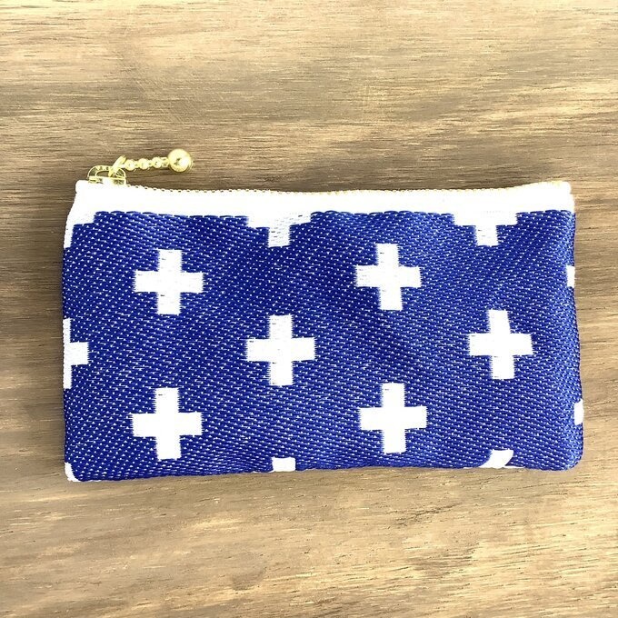 【クロス柄】畳縁 ぺたんこ ミニポーチ 小銭入れ カードケース 青 北欧 プラス柄