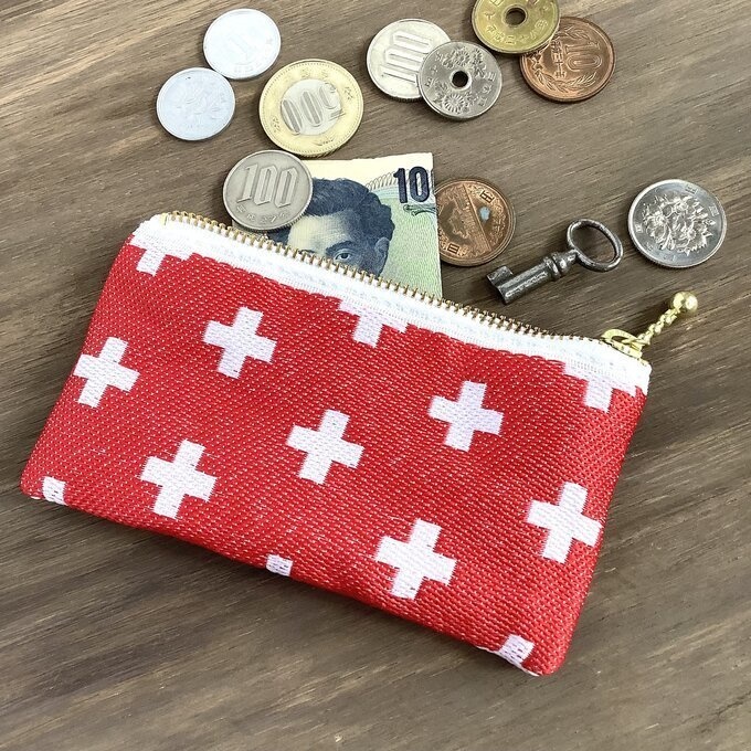 【クロス柄】畳縁 ぺたんこ ミニポーチ 小銭入れ カードケース 赤 北欧 プラス柄