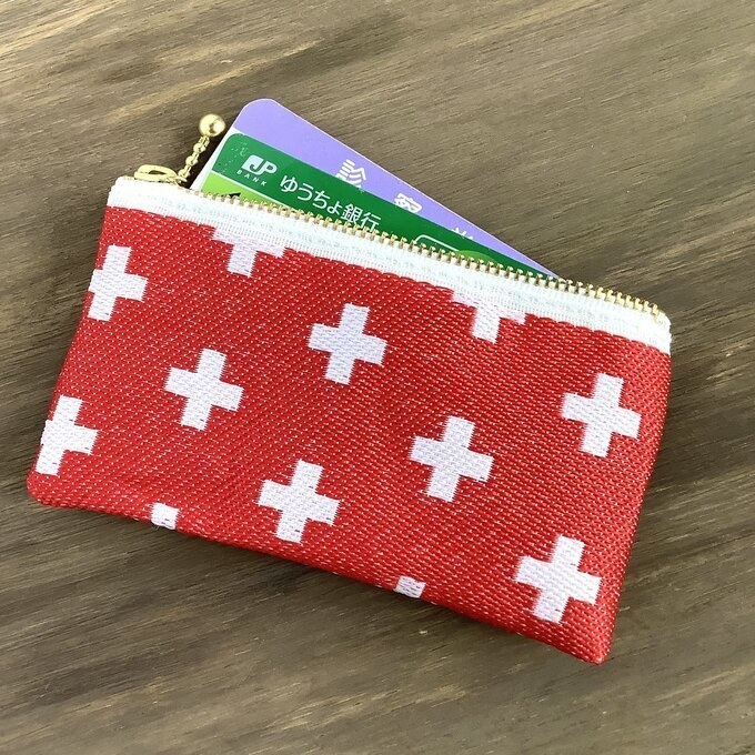【クロス柄】畳縁 ぺたんこ ミニポーチ 小銭入れ カードケース 赤 北欧 プラス柄