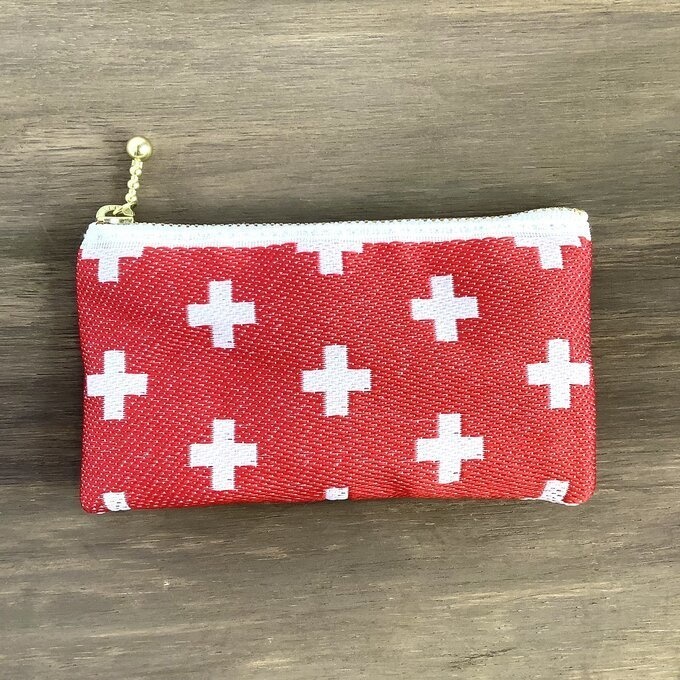 【クロス柄】畳縁 ぺたんこ ミニポーチ 小銭入れ カードケース 赤 北欧 プラス柄