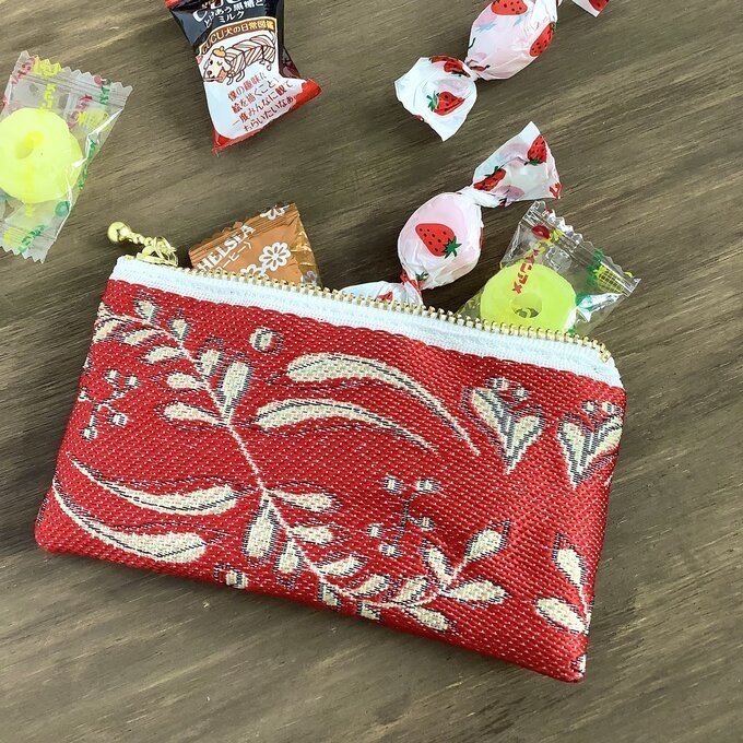 【フレンチリーフ】畳縁　ぺたんこ　ミニポーチ　小銭入れ　カードケース　赤　葉　大人可愛い