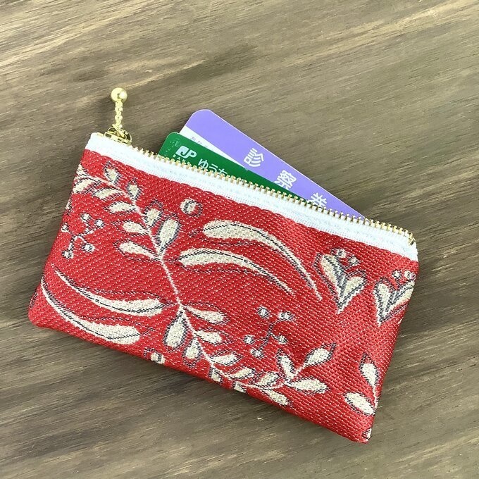 【フレンチリーフ】畳縁 ぺたんこ ミニポーチ 小銭入れ カードケース 赤 葉 大人可愛い