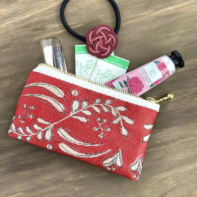 【フレンチリーフ】畳縁 ぺたんこ ミニポーチ 小銭入れ カードケース 赤 葉 大人可愛い