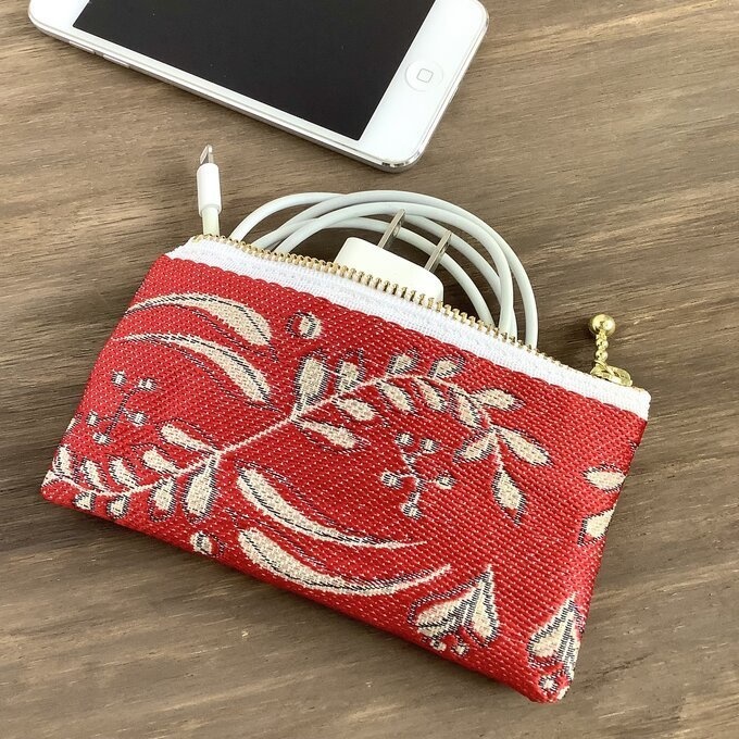 【フレンチリーフ】畳縁 ぺたんこ ミニポーチ 小銭入れ カードケース 赤 葉 大人可愛い