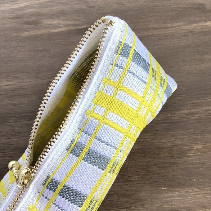 【タータンチェック】畳縁 テトラ型 ペンケース 黄色 シンプル