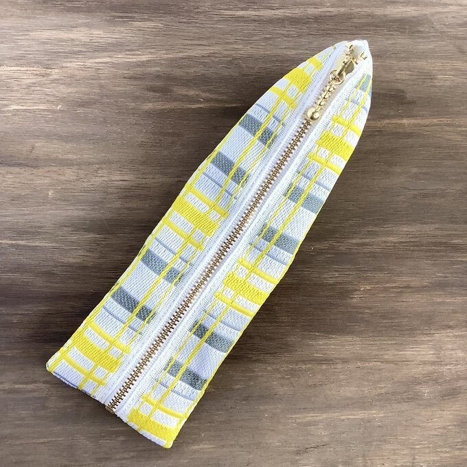 【タータンチェック】畳縁 テトラ型 ペンケース 黄色 シンプル