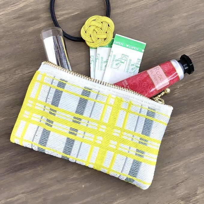 【タータンチェック】畳縁 テトラ型 ペンケース 黄色 シンプル