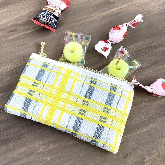【タータンチェック】畳縁 ぺたんこ ミニポーチ 小銭入れ カードケース 黄色 シンプル