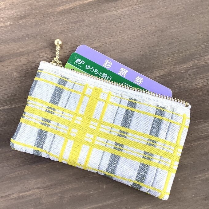 【タータンチェック】畳縁 ぺたんこ ミニポーチ 小銭入れ カードケース 黄色 シンプル
