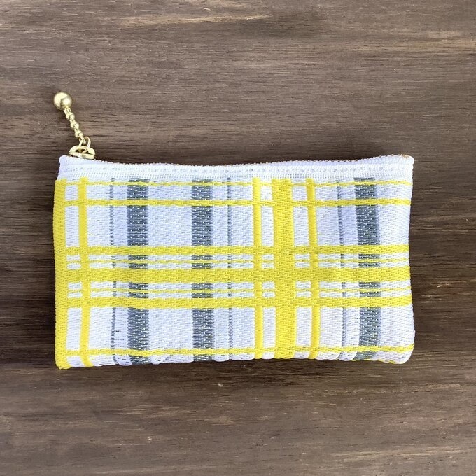 【タータンチェック】畳縁 ぺたんこ ミニポーチ 小銭入れ カードケース 黄色 シンプル