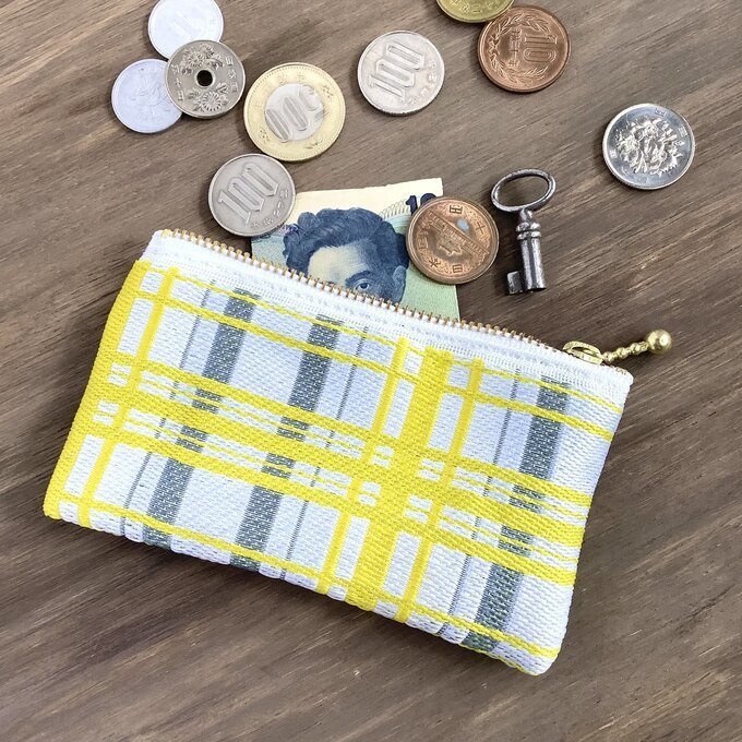 【タータンチェック】畳縁 ぺたんこ ミニポーチ 小銭入れ カードケース 黄色 シンプル