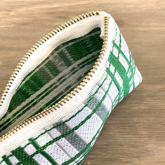 【タータンチェック】畳縁 テトラ型 ペンケース 緑色 シンプル